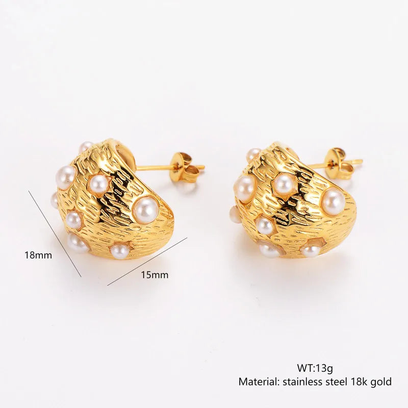 1 Pair Retro Simple Style Oval Plating Inlay 304 Stainless Steel Pearl 18K Gold Plated Ear Studs