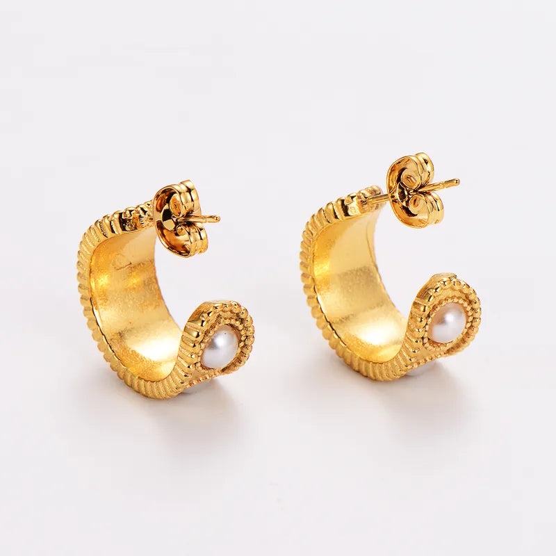 1 Pair Simple Style Classic Style C Shape Plating Inlay 304 Stainless Steel Pearl 18K Gold Plated Ear Studs