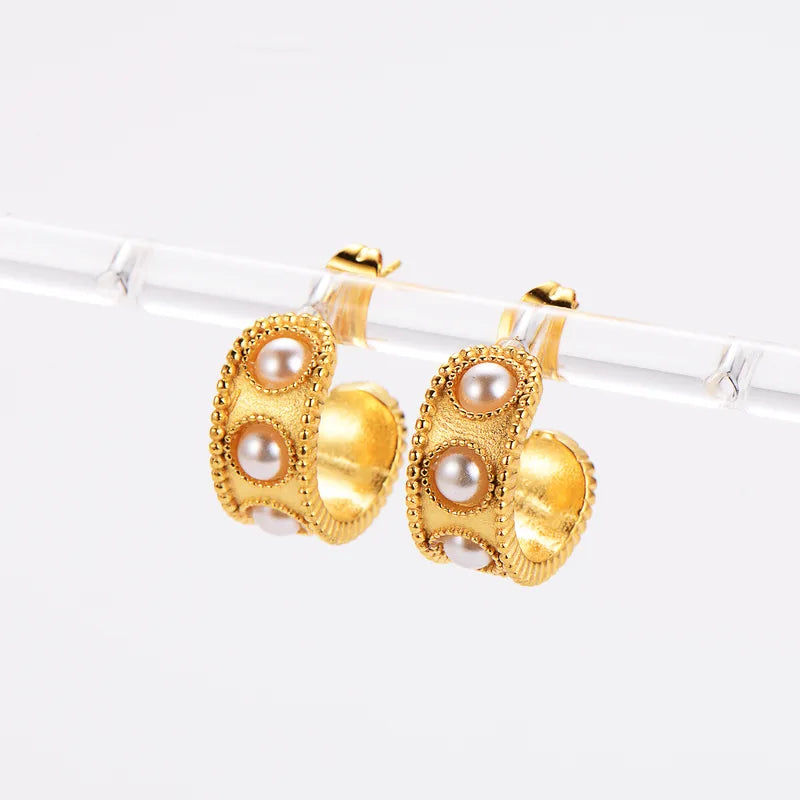 1 Pair Simple Style Classic Style C Shape Plating Inlay 304 Stainless Steel Pearl 18K Gold Plated Ear Studs