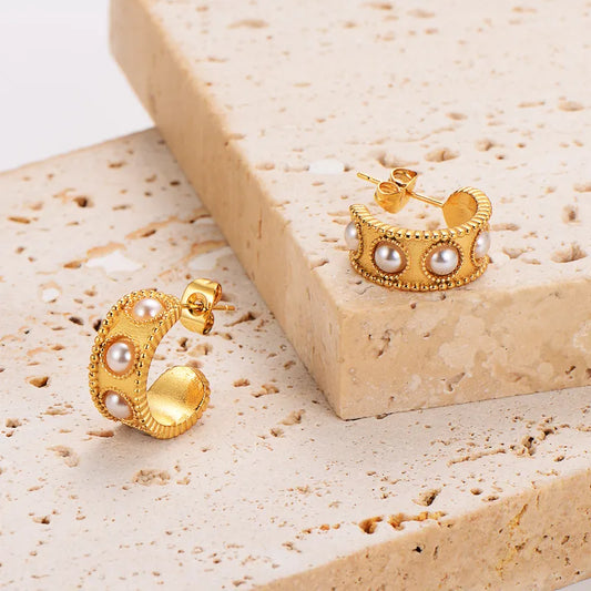 1 Pair Simple Style Classic Style C Shape Plating Inlay 304 Stainless Steel Pearl 18K Gold Plated Ear Studs