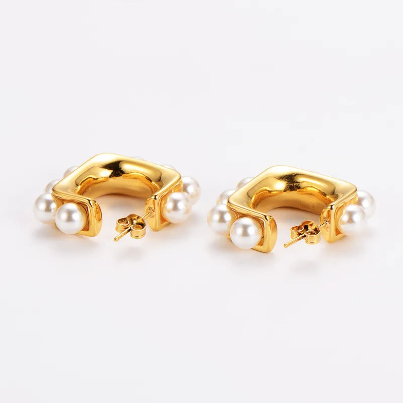 1 Pair Simple Style Square Plating Inlay 304 Stainless Steel Pearl 18K Gold Plated Ear Studs