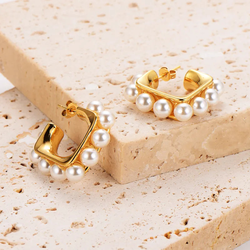 1 Pair Simple Style Square Plating Inlay 304 Stainless Steel Pearl 18K Gold Plated Ear Studs