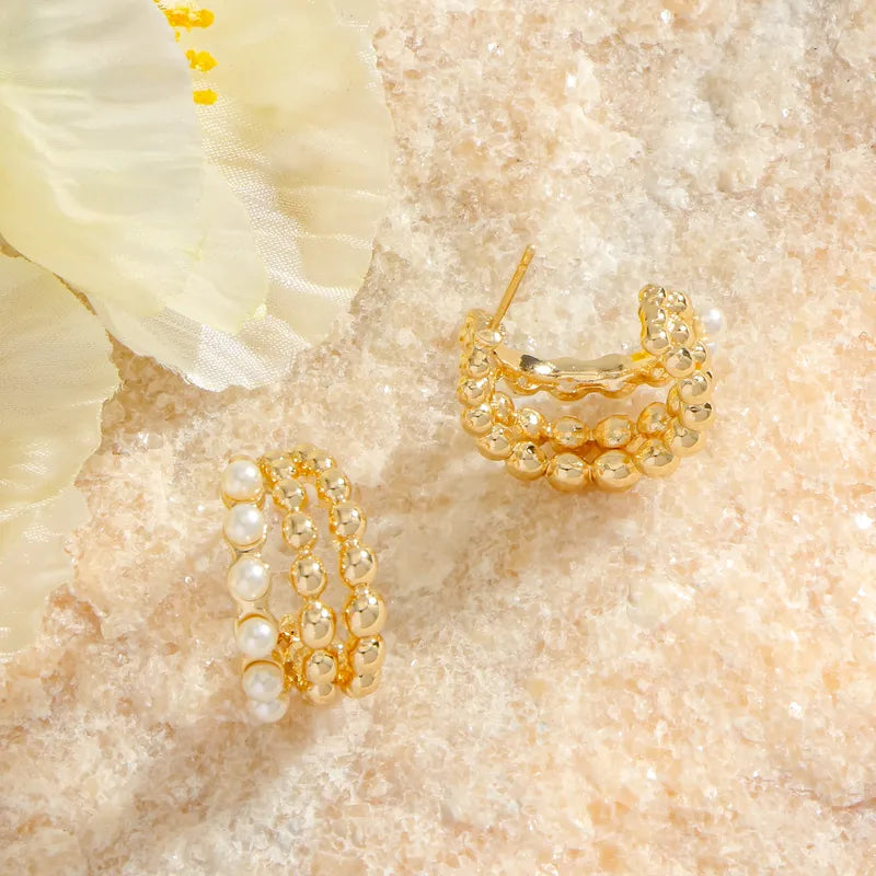 1 Pair Vintage Pearl Beaded C-shaped Earrings Light Luxury Multi-layer Beaded Design Daily Commuting Vintage Style Exquisite Elegant Eye-catching Ear Accessories