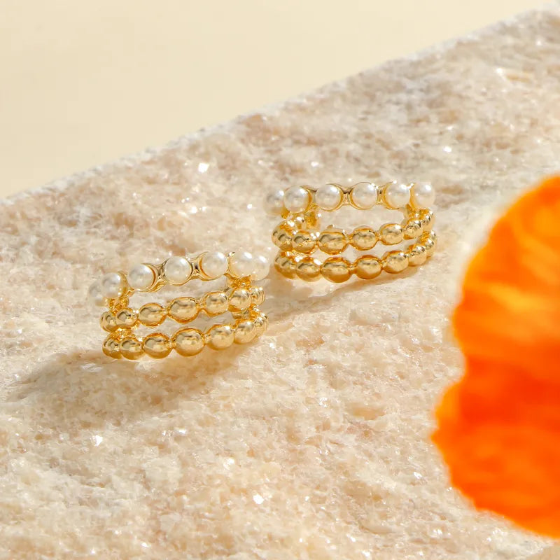 1 Pair Vintage Pearl Beaded C-shaped Earrings Light Luxury Multi-layer Beaded Design Daily Commuting Vintage Style Exquisite Elegant Eye-catching Ear Accessories