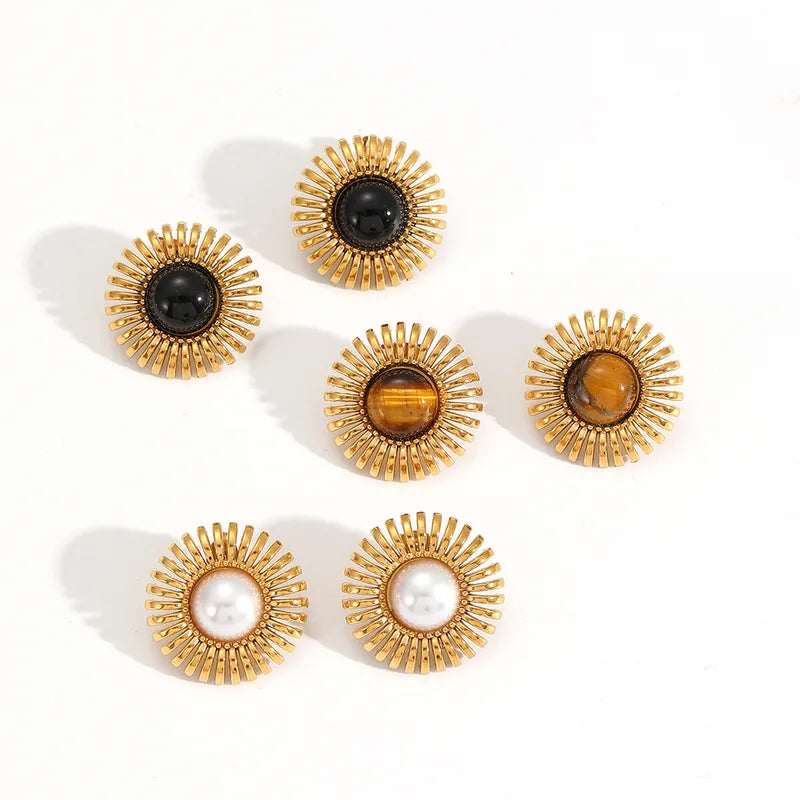 1 Pair Vintage Style Geometric Plating 304 Stainless Steel Artificial Pearls Natural Stone 18K Gold Plated Ear Studs