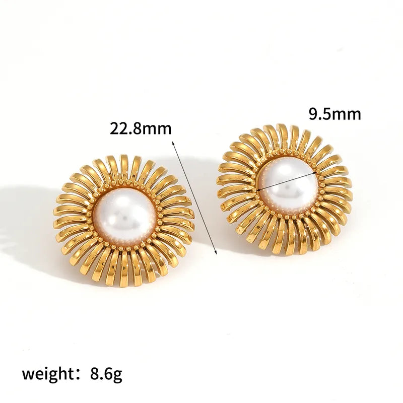 1 Pair Vintage Style Geometric Plating 304 Stainless Steel Artificial Pearls Natural Stone 18K Gold Plated Ear Studs