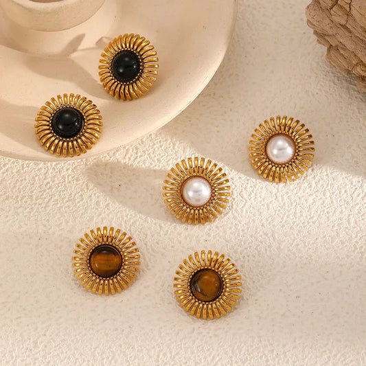 1 Pair Vintage Style Geometric Plating 304 Stainless Steel Artificial Pearls Natural Stone 18K Gold Plated Ear Studs