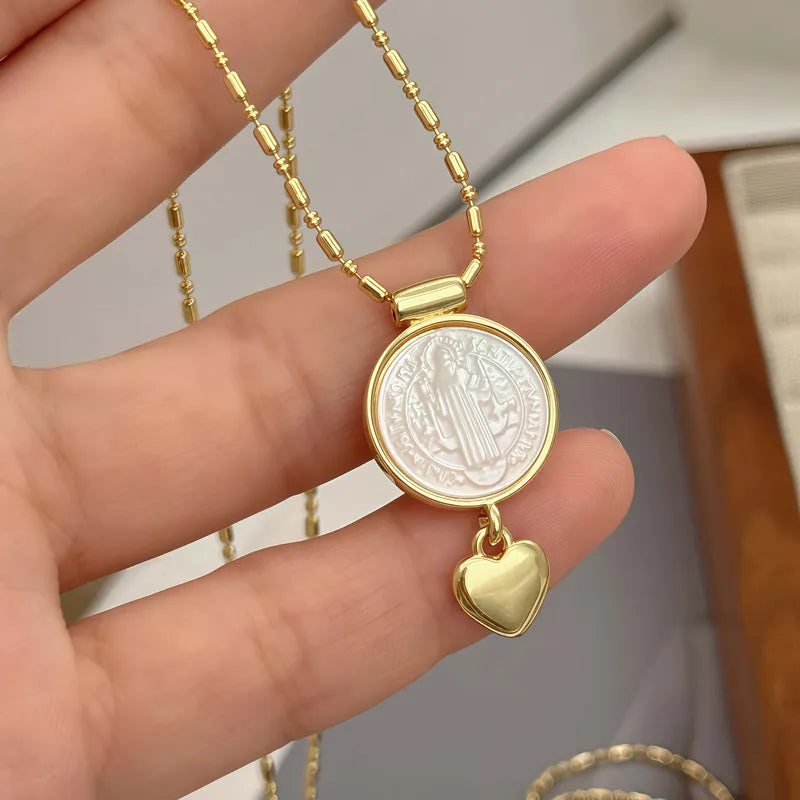 1 Piece Oval Copper Plated 18K Gold Inlaid White Shell Cross/Heart Pendant Tassel Shape Carved Virgin Mary/Heart/Saint Jude Religious Portrait Adjustable Gold Necklace Suitable For Men And Women