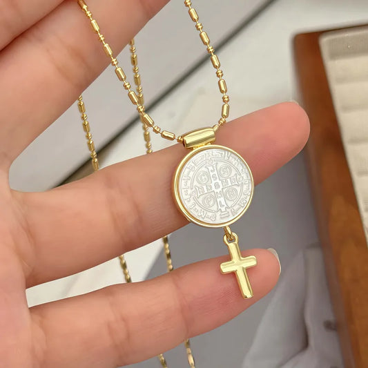 1 Piece Oval Copper Plated 18K Gold Inlaid White Shell Cross/Heart Pendant Tassel Shape Carved Virgin Mary/Heart/Saint Jude Religious Portrait Adjustable Gold Necklace Suitable For Men And Women