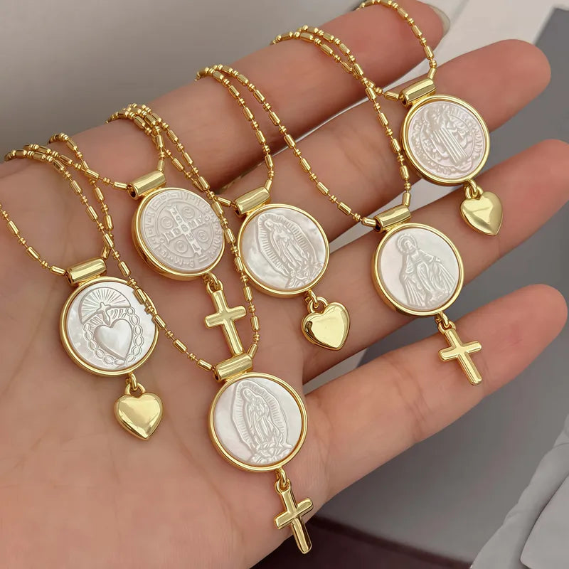 1 Piece Oval Copper Plated 18K Gold Inlaid White Shell Cross/Heart Pendant Tassel Shape Carved Virgin Mary/Heart/Saint Jude Religious Portrait Adjustable Gold Necklace Suitable For Men And Women