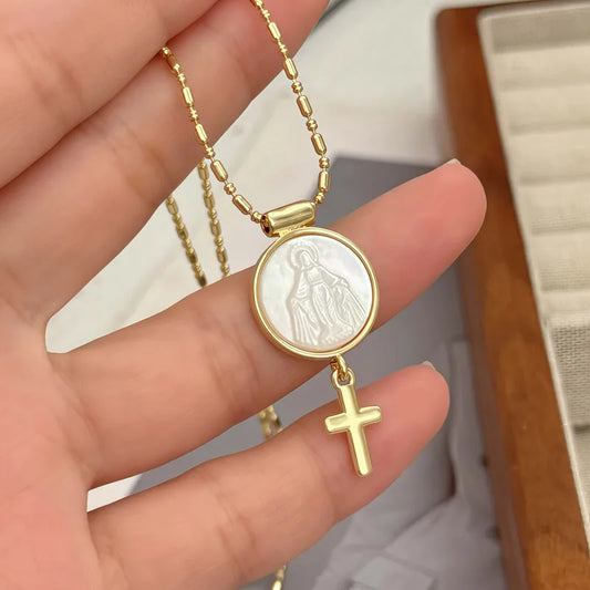 1 Piece Oval Copper Plated 18K Gold Inlaid White Shell Cross/Heart Pendant Tassel Shape Carved Virgin Mary/Heart/Saint Jude Religious Portrait Adjustable Gold Necklace Suitable For Men And Women