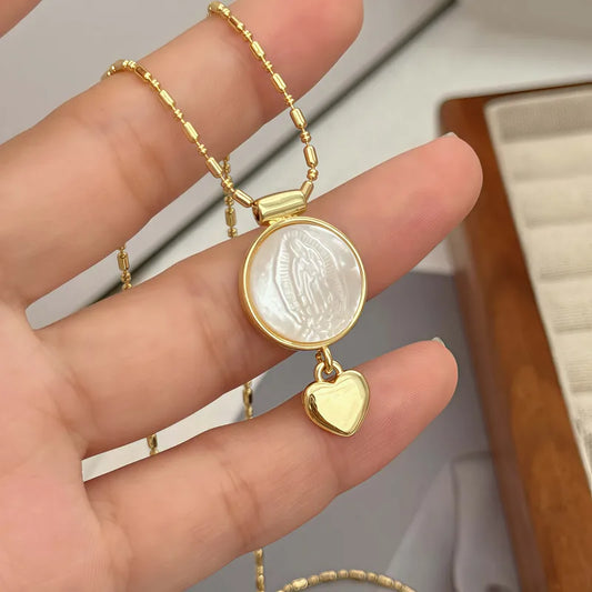 1 Piece Oval Copper Plated 18K Gold Inlaid White Shell Cross/Heart Pendant Tassel Shape Carved Virgin Mary/Heart/Saint Jude Religious Portrait Adjustable Gold Necklace Suitable For Men And Women