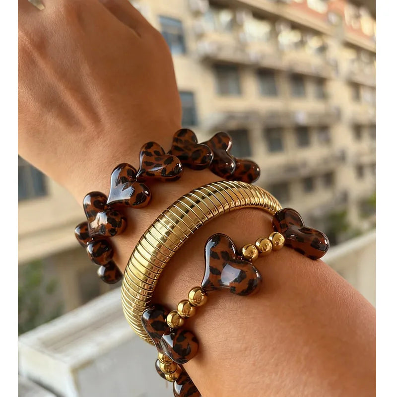 1 set Stainless Steel Heart-Shaped Beaded 18K Gold Waterproof Non-Fading Women's Layered Bracelet Personalized Leopard Print Bracelet