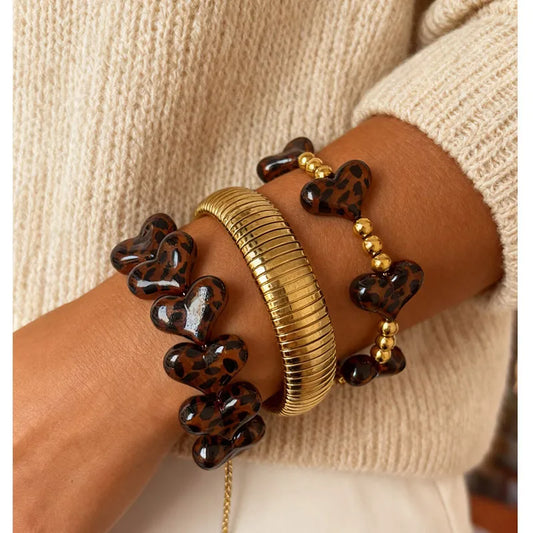 1 set Stainless Steel Heart-Shaped Beaded 18K Gold Waterproof Non-Fading Women's Layered Bracelet Personalized Leopard Print Bracelet