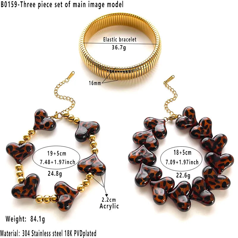 1 set Stainless Steel Heart-Shaped Beaded 18K Gold Waterproof Non-Fading Women's Layered Bracelet Personalized Leopard Print Bracelet