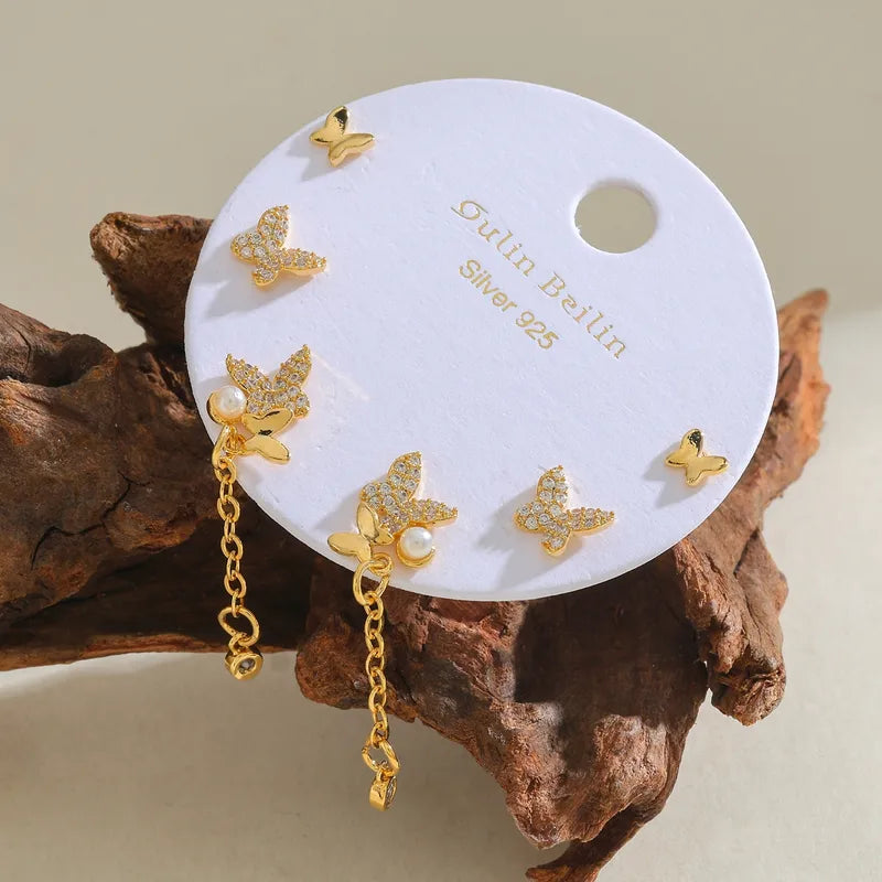 14K Gold Plated Butterfly Chain Zircon Inlaid Artificial Pearl Earring Set