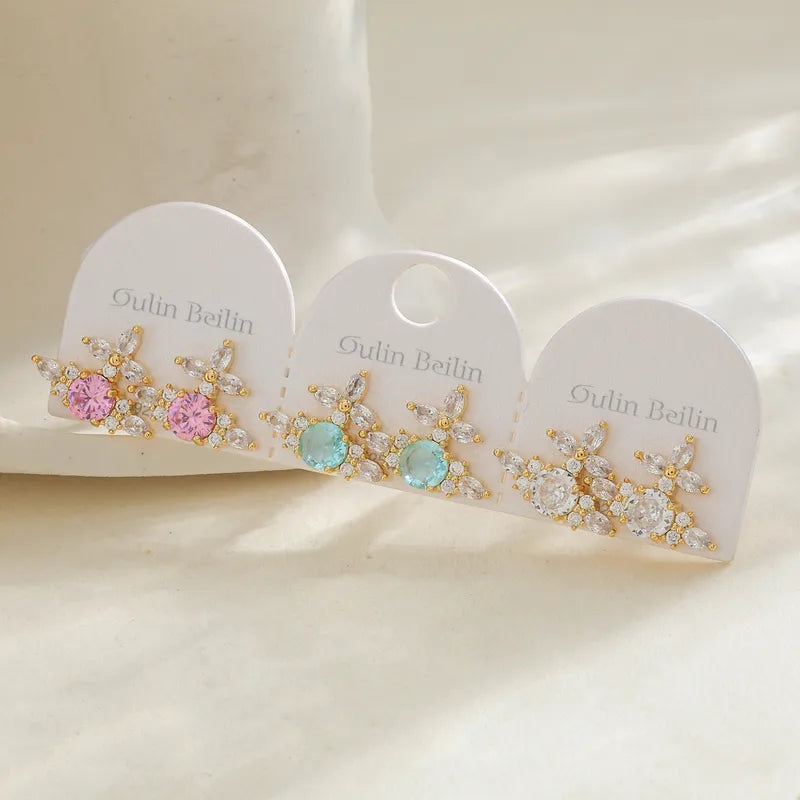 14K Gold Plated Copper Flower Zircon Earrings Simple Style For Women