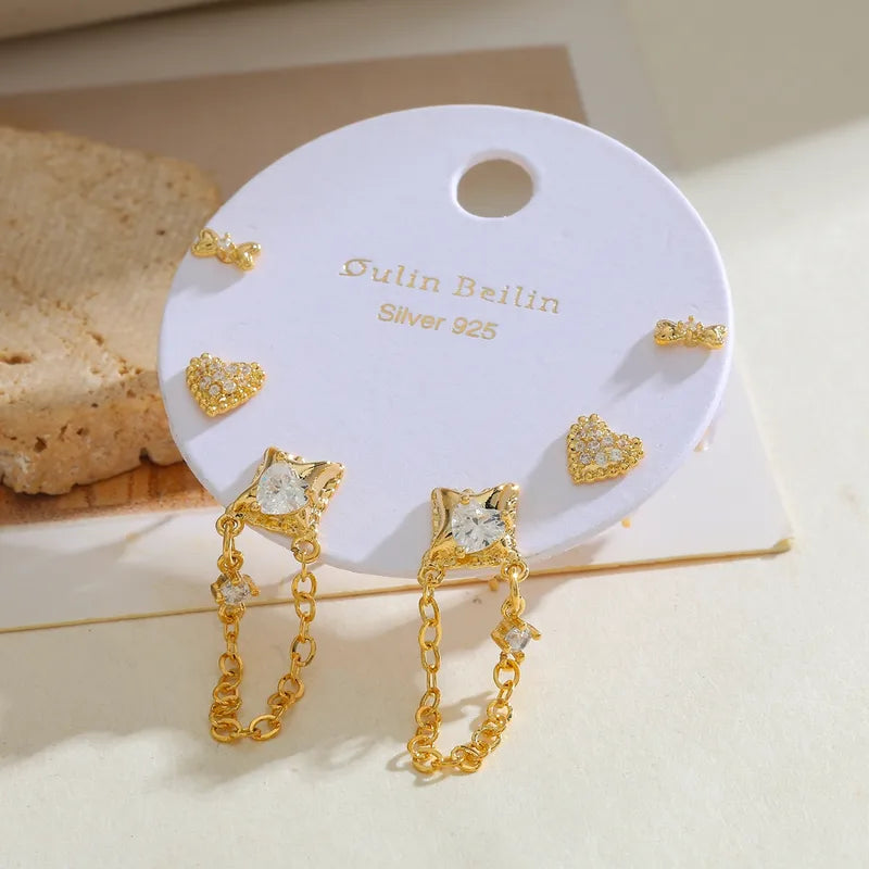 14K Gold Plated Copper Four-Pointed Star Bowknot Heart Zircon Artificial Pearl Earring Set