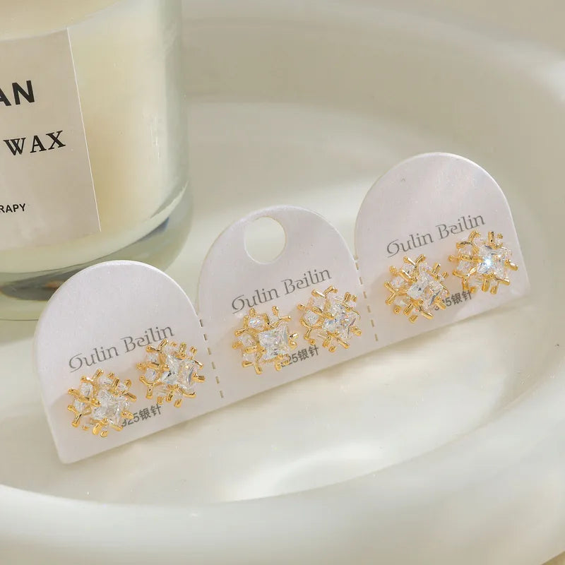 14K Gold Plated Copper Geometric Zircon Earrings Simple Style For Women