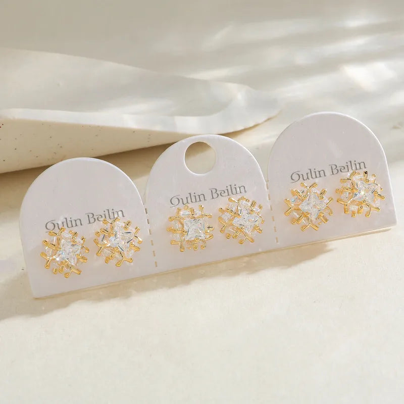 14K Gold Plated Copper Geometric Zircon Earrings Simple Style For Women