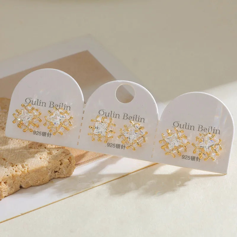 14K Gold Plated Copper Geometric Zircon Earrings Simple Style For Women