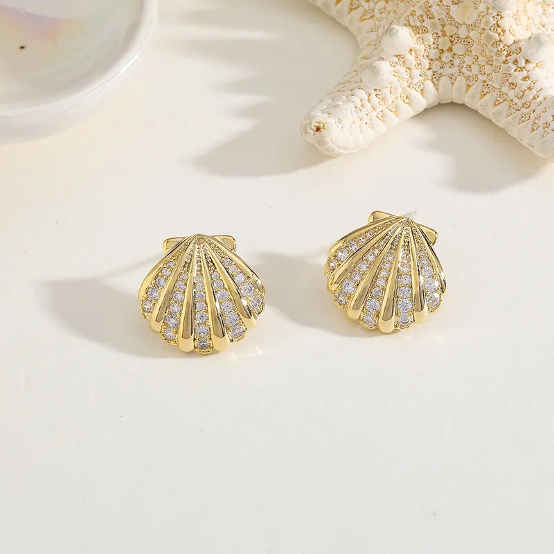 14K Gold Plated Copper Shell Earrings With Embedded Zirconia Stones Women's Fashion Jewelry Ear Cuffs For Casual Dates Selfies Festivals