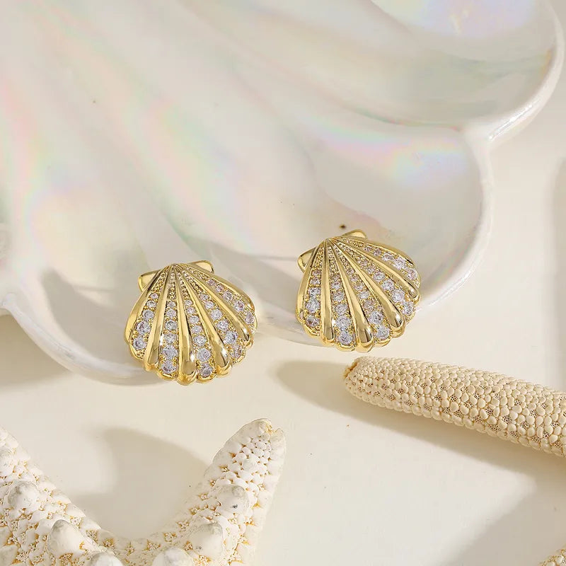 14K Gold Plated Copper Shell Earrings With Embedded Zirconia Stones Women's Fashion Jewelry Ear Cuffs For Casual Dates Selfies Festivals