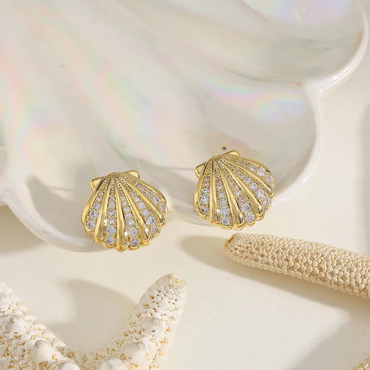 14K Gold Plated Copper Shell Earrings With Embedded Zirconia Stones Women's Fashion Jewelry Ear Cuffs For Casual Dates Selfies Festivals