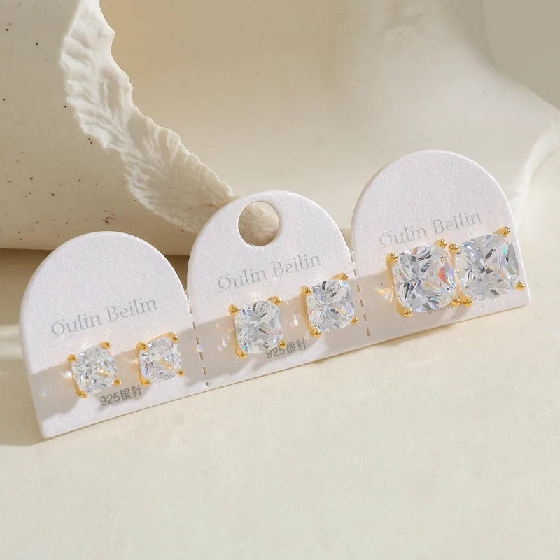 14K Gold Plated Copper Square Zircon Earrings Simple Style For Women