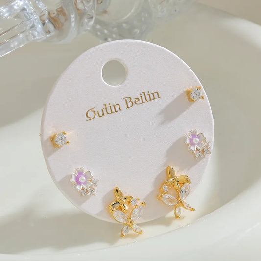 14K Gold Plated Copper Zircon Inlaid Flower Butterfly Earring Set