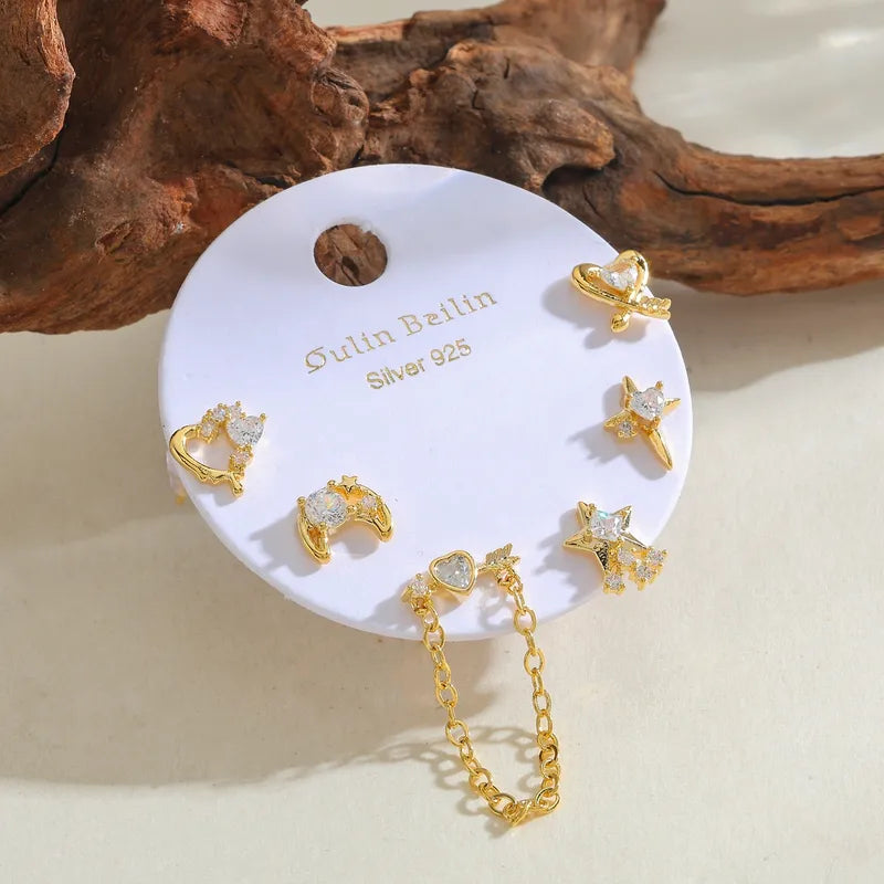 14K Gold Plated Copper Zircon Inlaid Four-Pointed Star Heart-Shaped Earrings Set For Women