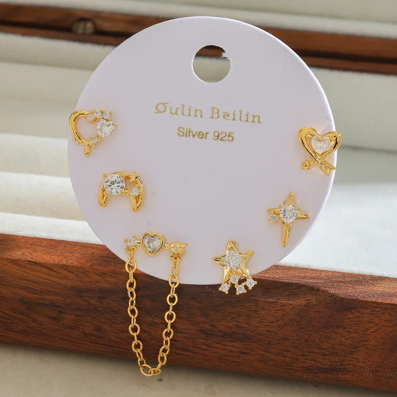 14K Gold Plated Copper Zircon Inlaid Four-Pointed Star Heart-Shaped Earrings Set For Women