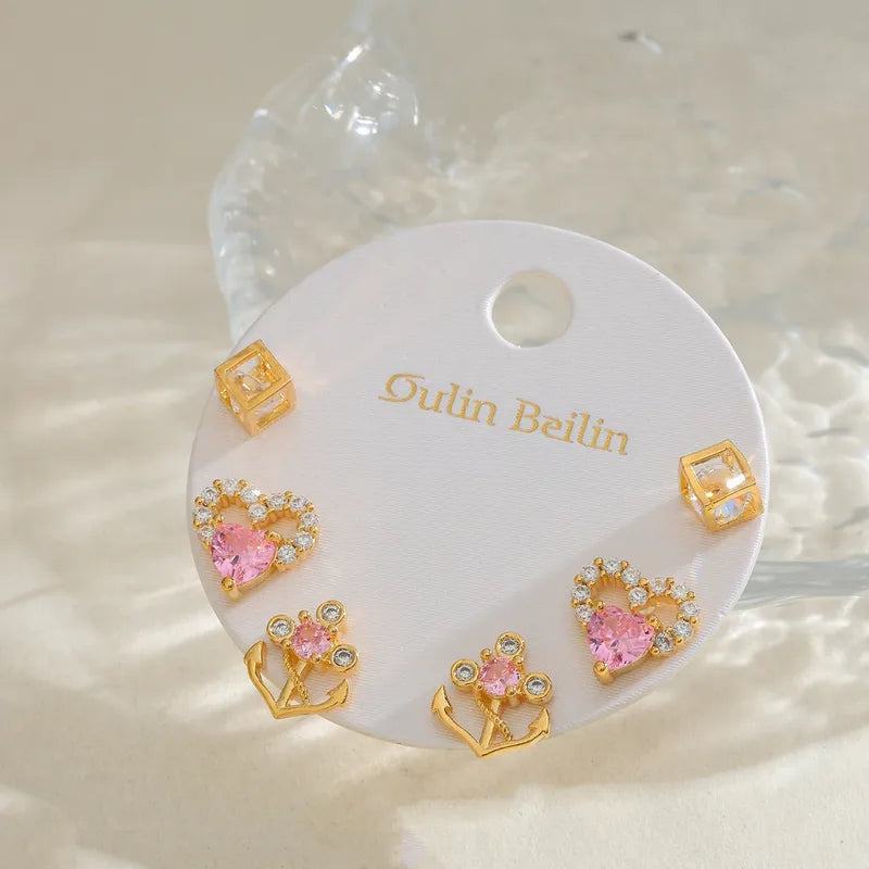 14K Gold Plated Copper Zircon Inlaid Heart-Shaped Geometric Stud Earrings Set Valentine's Day Arrow Simple Style