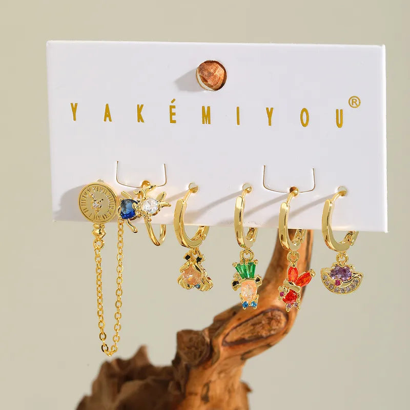 14K Gold Plated Copper Zirconia Embedded Cute Character Earrings Set Women's Fashion Jewelry Accessories For Casual And Party