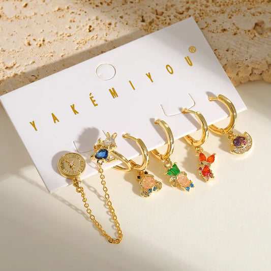 14K Gold Plated Copper Zirconia Embedded Cute Character Earrings Set Women's Fashion Jewelry Accessories For Casual And Party