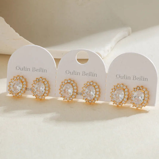 14K Gold Plated Oval Zircon Inlaid Earrings Set