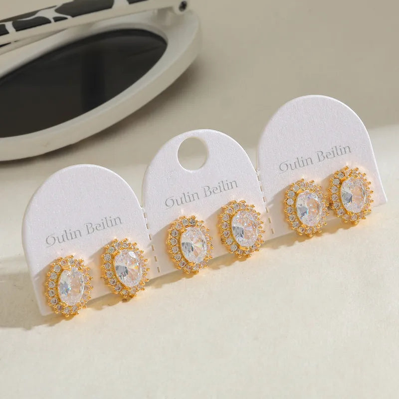 14K Gold Plated Oval Zircon Inlaid Earrings Set