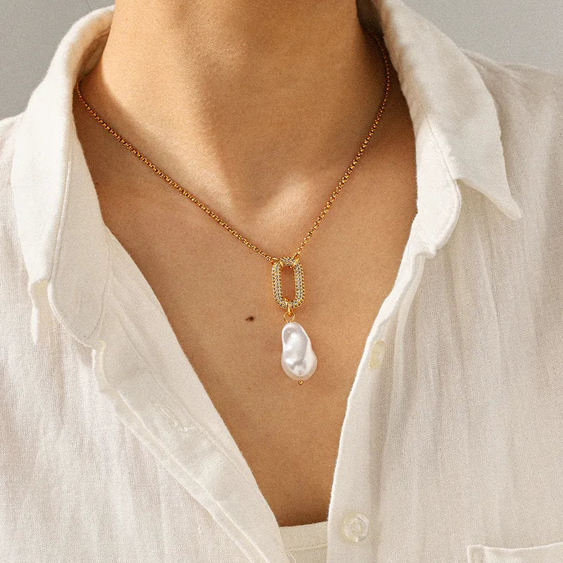 18K Gold Plated 0-Shaped Imitation Pearl Pendant Necklace Vacuum Electroplating (In Furnace) 304 Stainless Steel Women's Collarbone Chain