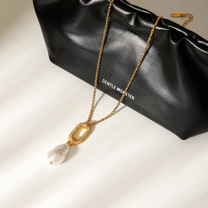 18K Gold Plated 0-Shaped Imitation Pearl Pendant Necklace Vacuum Electroplating (In Furnace) 304 Stainless Steel Women's Collarbone Chain