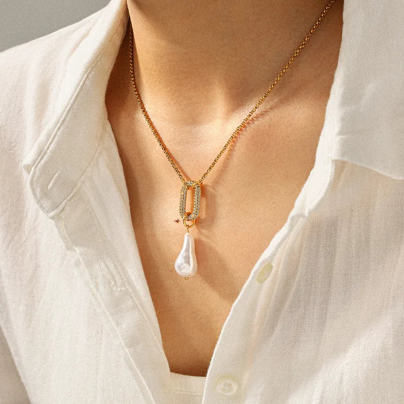 18K Gold Plated 0-Shaped Imitation Pearl Pendant Necklace Vacuum Electroplating (In Furnace) 304 Stainless Steel Women's Collarbone Chain