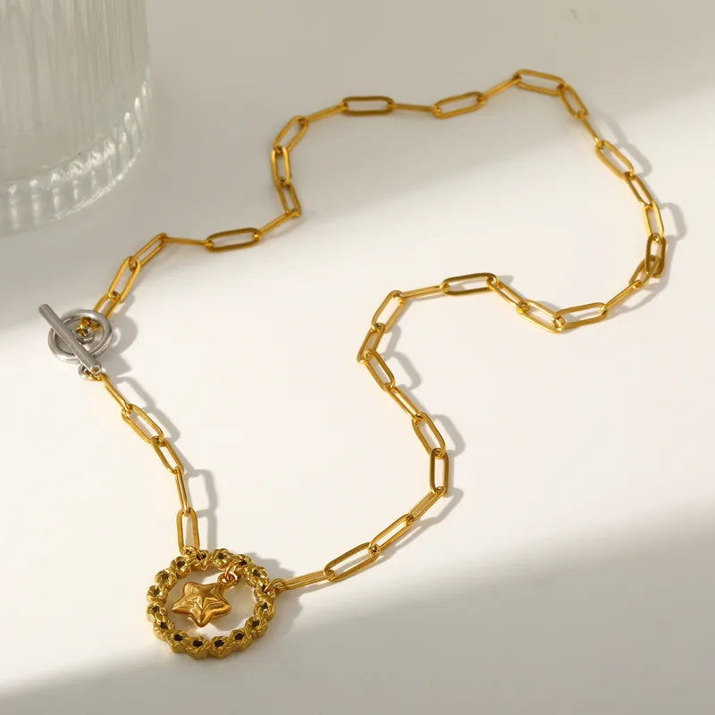 18K Gold Plated 201 Stainless Steel Vacuum Electroplating (In Furnace) Round Star Flower Electroplating Classic Paperclip Chain Pendant Necklace For Women