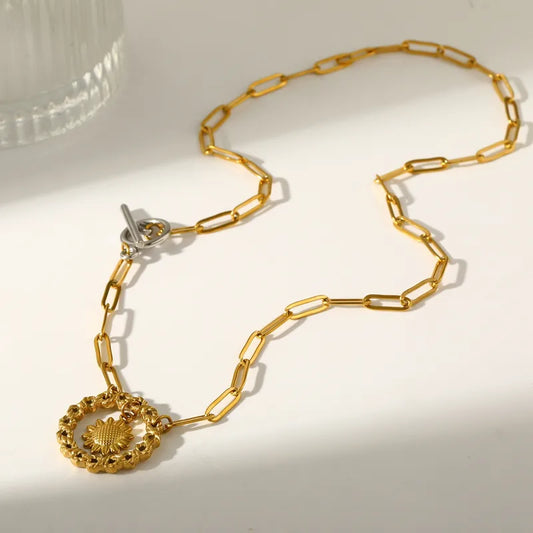 18K Gold Plated 201 Stainless Steel Vacuum Electroplating (In Furnace) Round Star Flower Electroplating Classic Paperclip Chain Pendant Necklace For Women