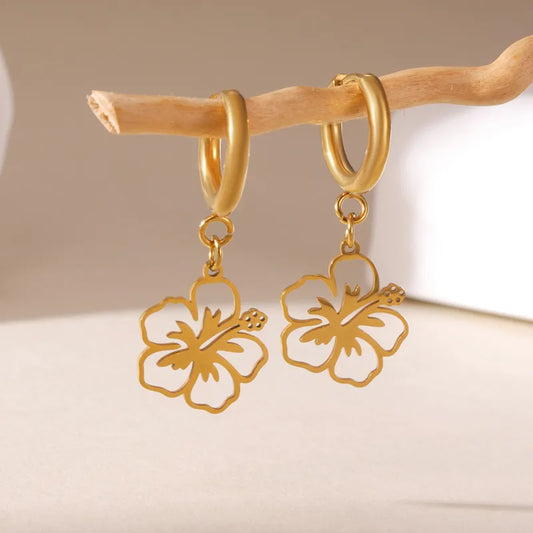 18K Gold Plated 304 Stainless Steel Vacuum Electroplated Wind Flat Surface Three-Dimensional Hollow Flower Earrings Waterproof Non-Fading Sexy Style For Women