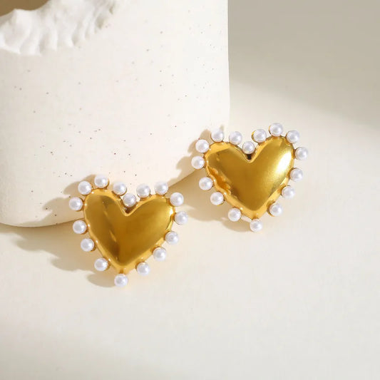 18K Gold Plated 304 Stainless Steel Vacuum Electroplating (In Furnace) Artificial Pearl Heart-shaped Electroplated Earrings For Women Valentine's Day Daily Selfie Festival