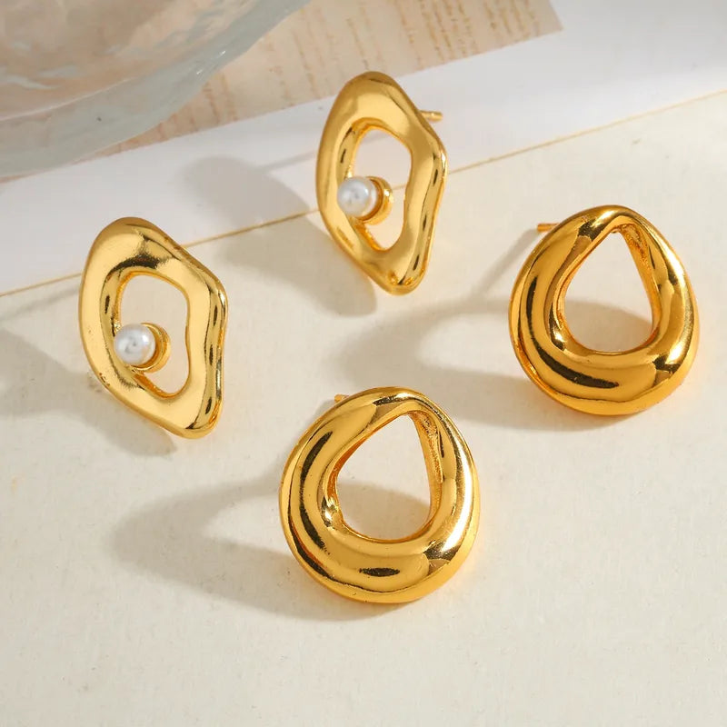 18K Gold Plated 304 Stainless Steel Vacuum Electroplating (In Furnace) Artificial Pearl Irregular Geometric Minimalist Style Earrings