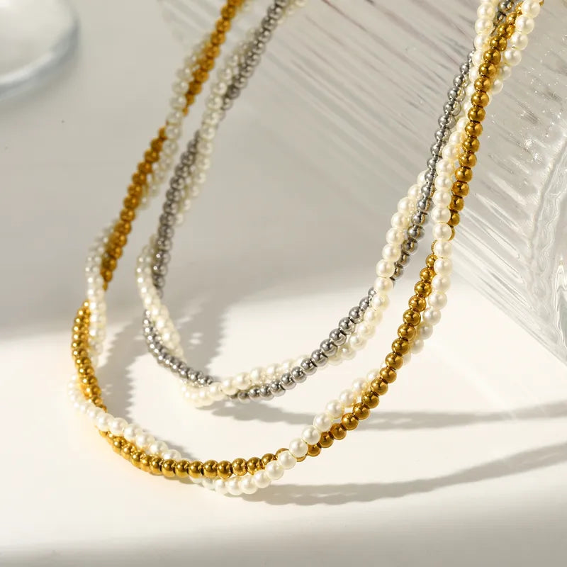 18K Gold Plated 304 Stainless Steel Vacuum Electroplating (In Furnace) Artificial Pearl Round Beaded Chain Double Layer Necklace For Women