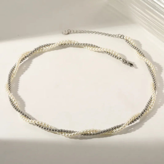 18K Gold Plated 304 Stainless Steel Vacuum Electroplating (In Furnace) Artificial Pearl Round Beaded Chain Double Layer Necklace For Women