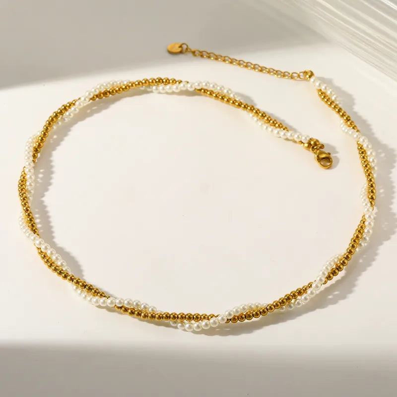 18K Gold Plated 304 Stainless Steel Vacuum Electroplating (In Furnace) Artificial Pearl Round Beaded Chain Double Layer Necklace For Women