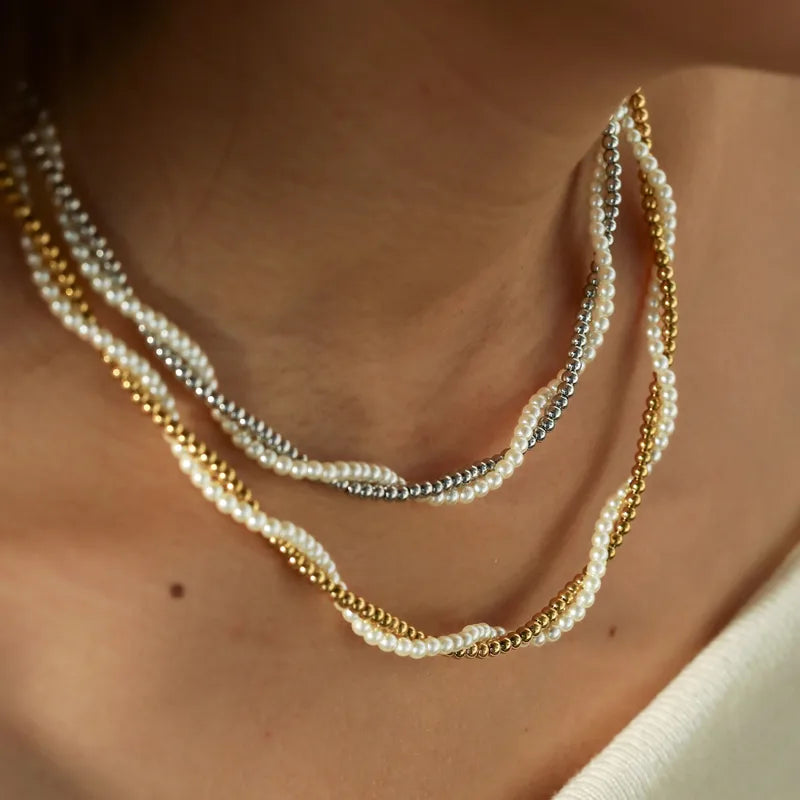 18K Gold Plated 304 Stainless Steel Vacuum Electroplating (In Furnace) Artificial Pearl Round Beaded Chain Double Layer Necklace For Women