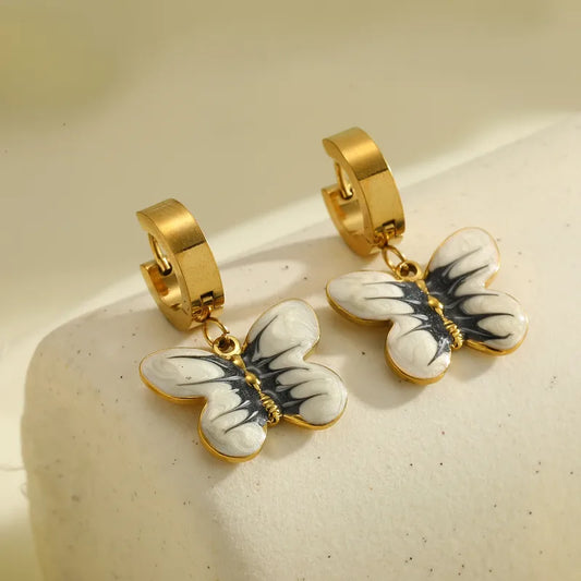 18K Gold Plated 304 Stainless Steel Vacuum Electroplating (In Furnace) Butterfly Oil Drop Earrings For Women